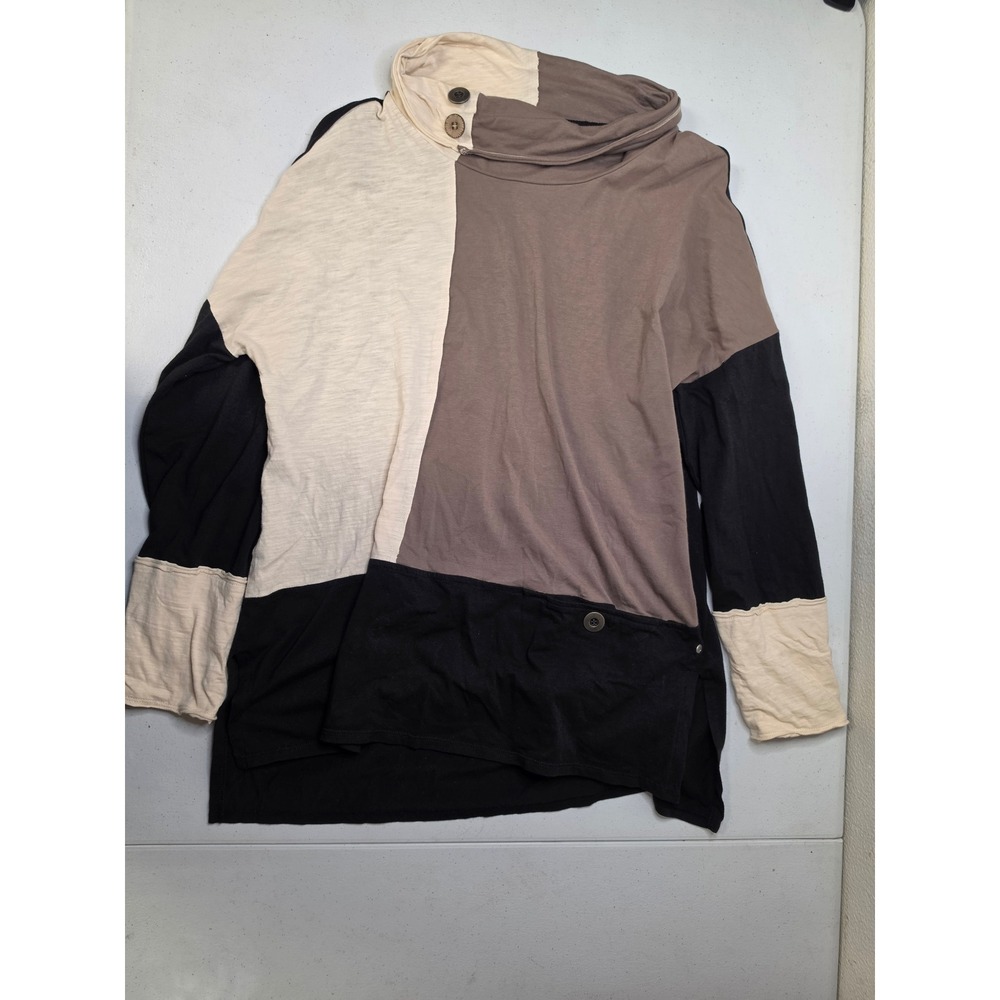 Neon Buddha Womens M Colorblock Cowl Neck Button Tunic Top Black Brown Cream